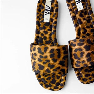 ZARA LEOPARD Satin Animal PRINT FLAT SANDALS NWT